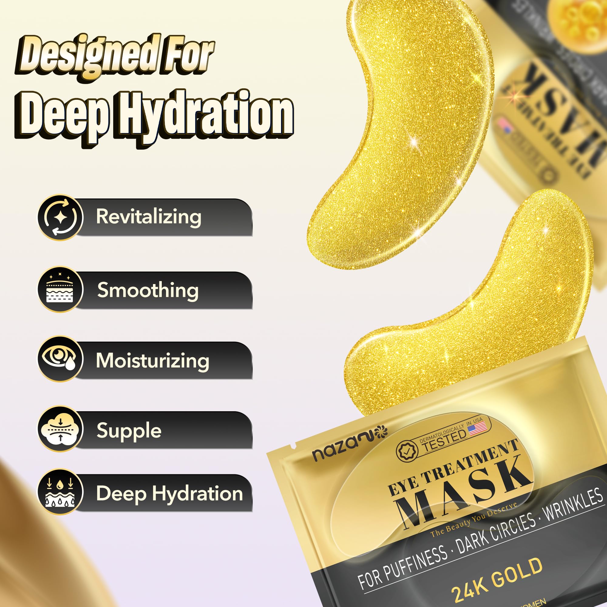 24K Gold Under Eye Patches - 60 Pack for Puffy Eyes, Dark Circles, Bags & Wrinkles with Collagen & Hyaluronic Acid - Eye Care Pads for Daily Skincare (Gold)