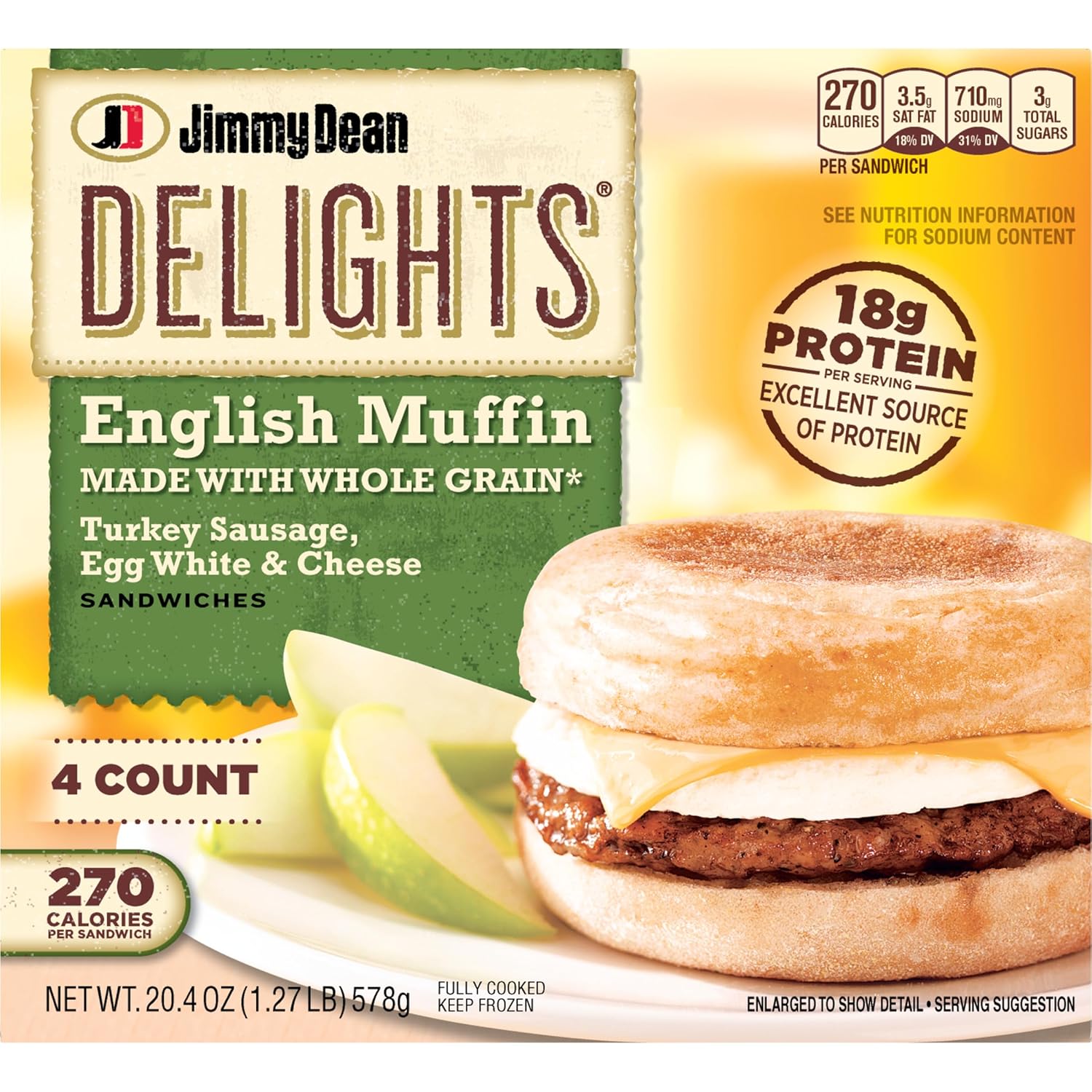 Jimmy Dean Delights Turkey Sausage, Egg White and Cheese English Muffin Breakfast Sandwiches, 4 Count (Frozen)