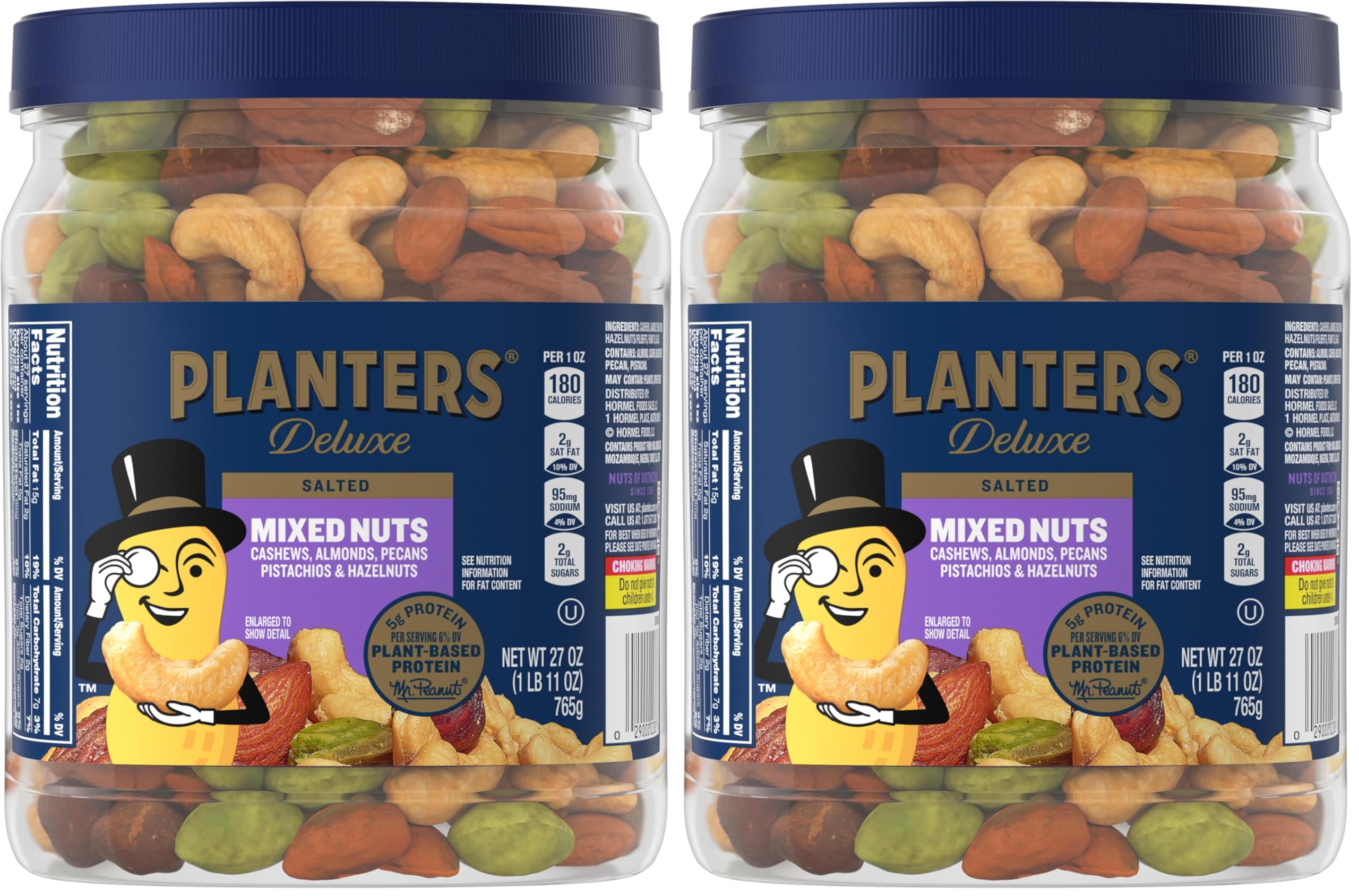 PLANTERS Deluxe Salted Mixed Nuts, Roasted Cashews, Almonds, Pecans, Pistachios, and Hazelnuts, Party Snacks, Plant-Based Protein, Quick Snack for Adults, After School Snack, 34oz Container