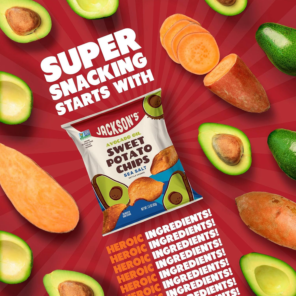 Jackson’s Sweet Potato Kettle Chips Avocado Oil Variety Pack made with Premium Oils (1.5 oz, Pack of 10) Sea Salt, Ranch and BBQ Flavors - Allergen-friendly, Gluten Free, Vegan