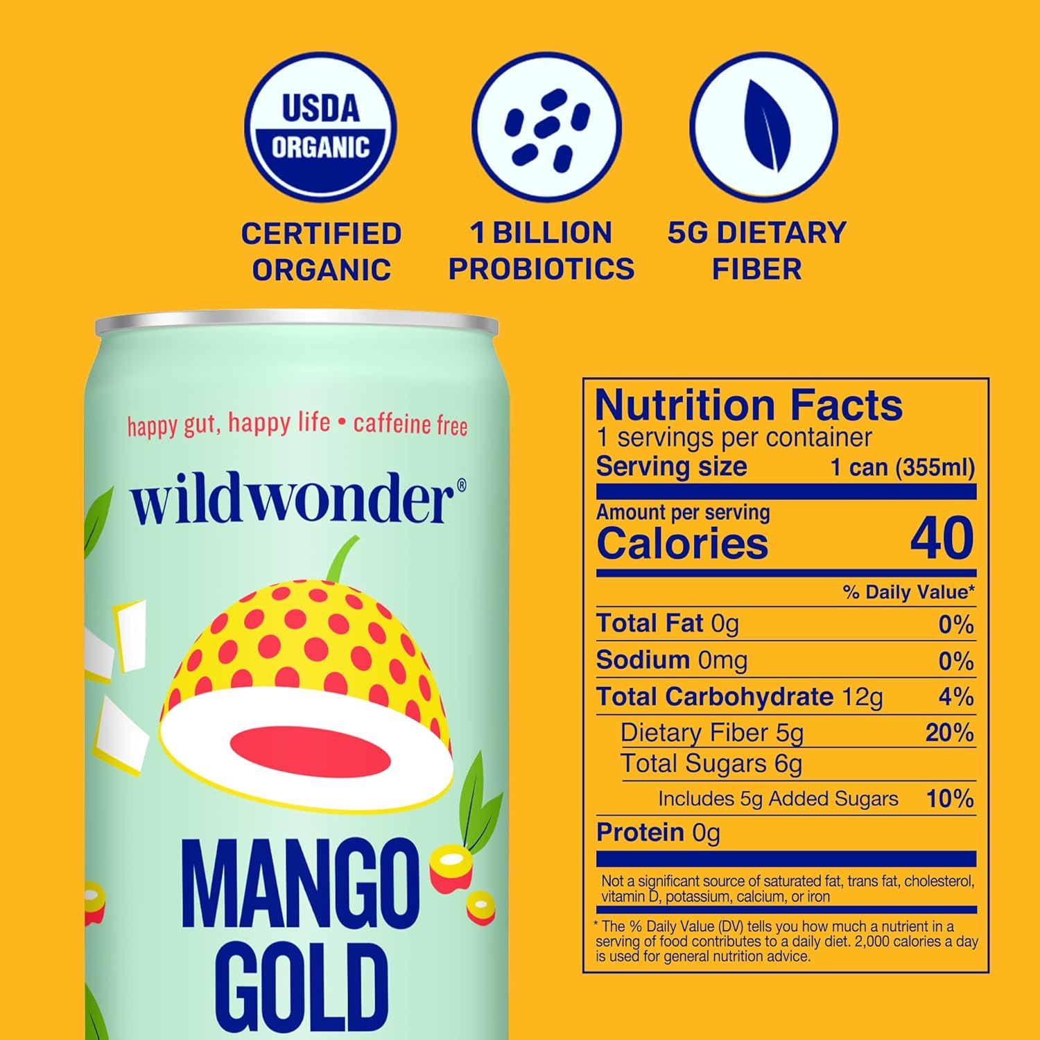 Wildwonder Sparkling Probiotic Drink 12pk, For Gut Health & Immune Support, Mango Gold, 5g Prebiotic Fiber, Live Probiotics, Organic, Vegan, Low Sugar, 12 Pack, 12oz Can, As Seen on Shark Tank
