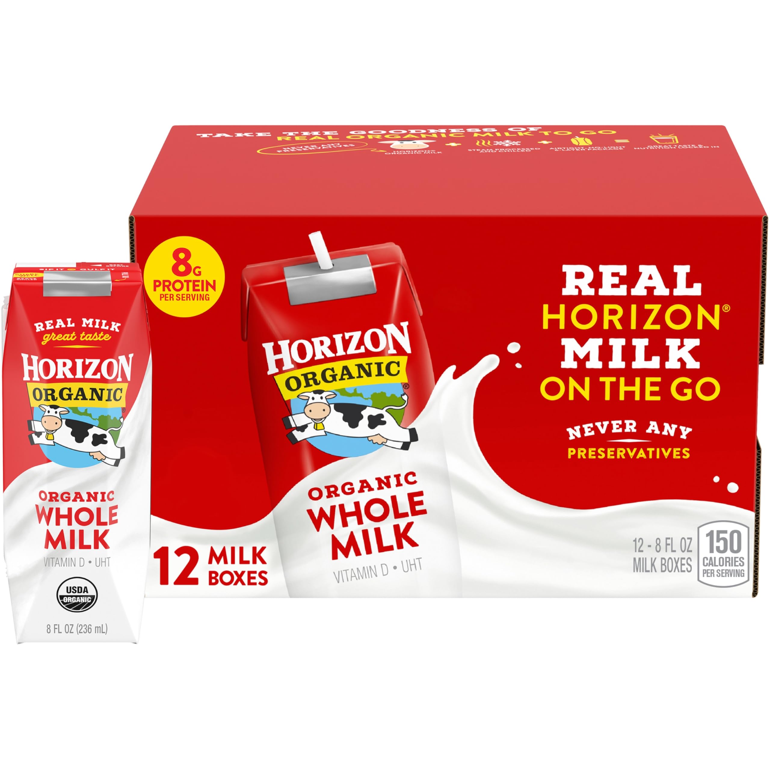 Horizon Organic Shelf Stable 1% Lowfat Strawberry Milk Boxes, 8 fl oz, 6 Count - 8g Protein per Serving, USDA Organic, Ready to Drink for Lunchbox, Travel, or On-the-Go, No Refrigeration Needed