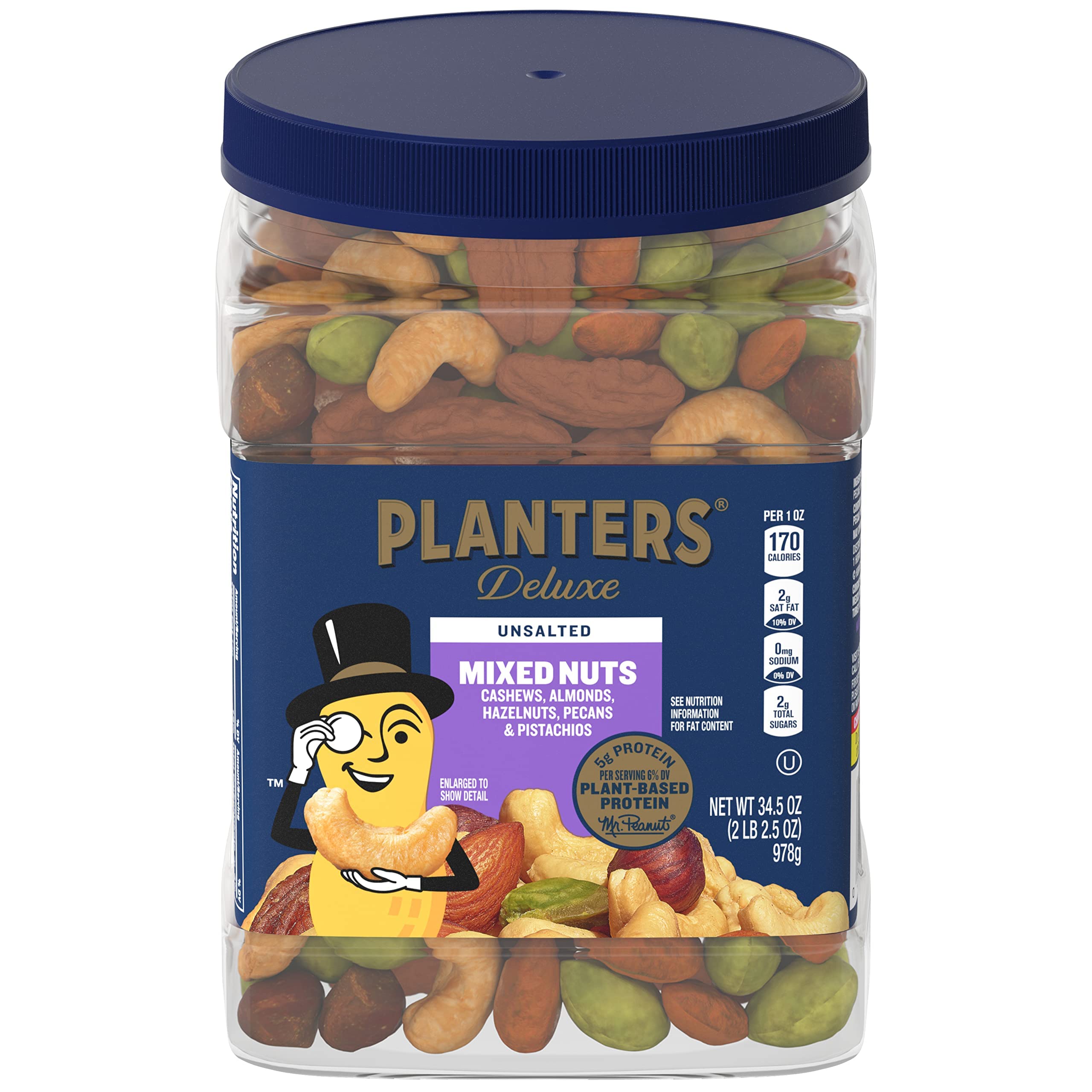 PLANTERS Deluxe Salted Mixed Nuts, Roasted Cashews, Almonds, Pecans, Pistachios, and Hazelnuts, Party Snacks, Plant-Based Protein, Quick Snack for Adults, After School Snack, 34oz Container