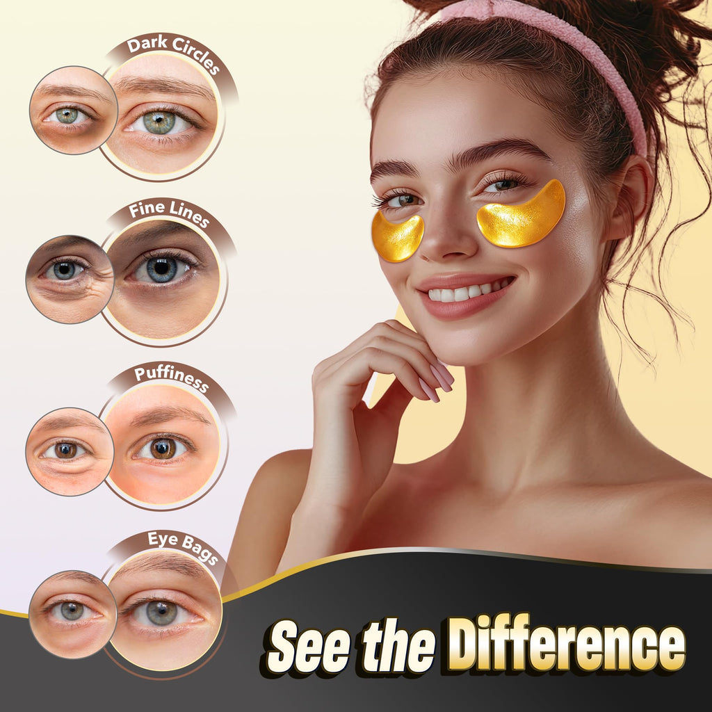 24K Gold Under Eye Patches - 60 Pack for Puffy Eyes, Dark Circles, Bags & Wrinkles with Collagen & Hyaluronic Acid - Eye Care Pads for Daily Skincare (Gold)
