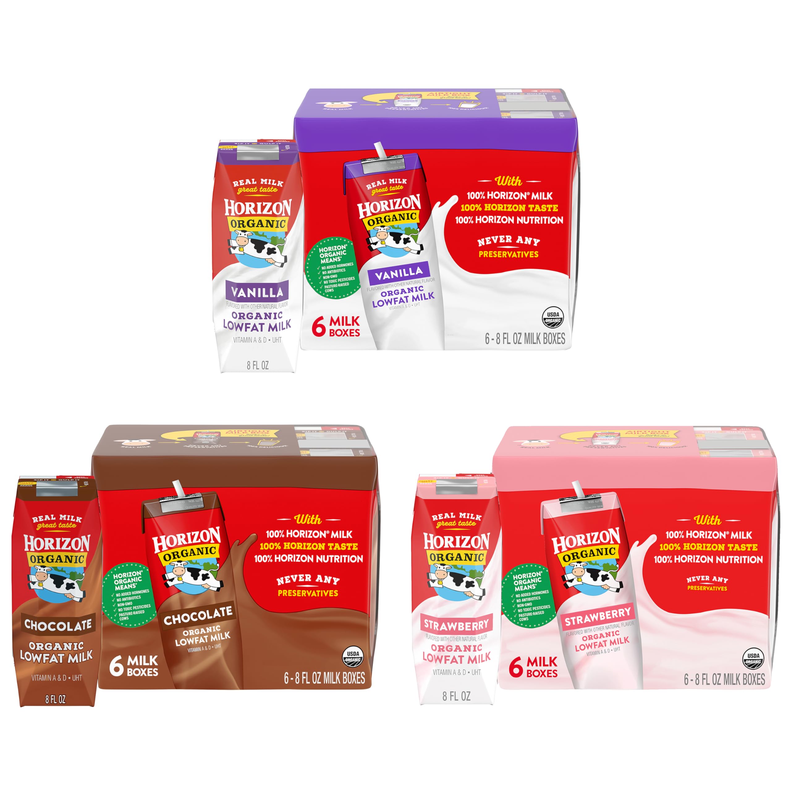 Horizon Organic Shelf Stable 1% Lowfat Strawberry Milk Boxes, 8 fl oz, 6 Count - 8g Protein per Serving, USDA Organic, Ready to Drink for Lunchbox, Travel, or On-the-Go, No Refrigeration Needed