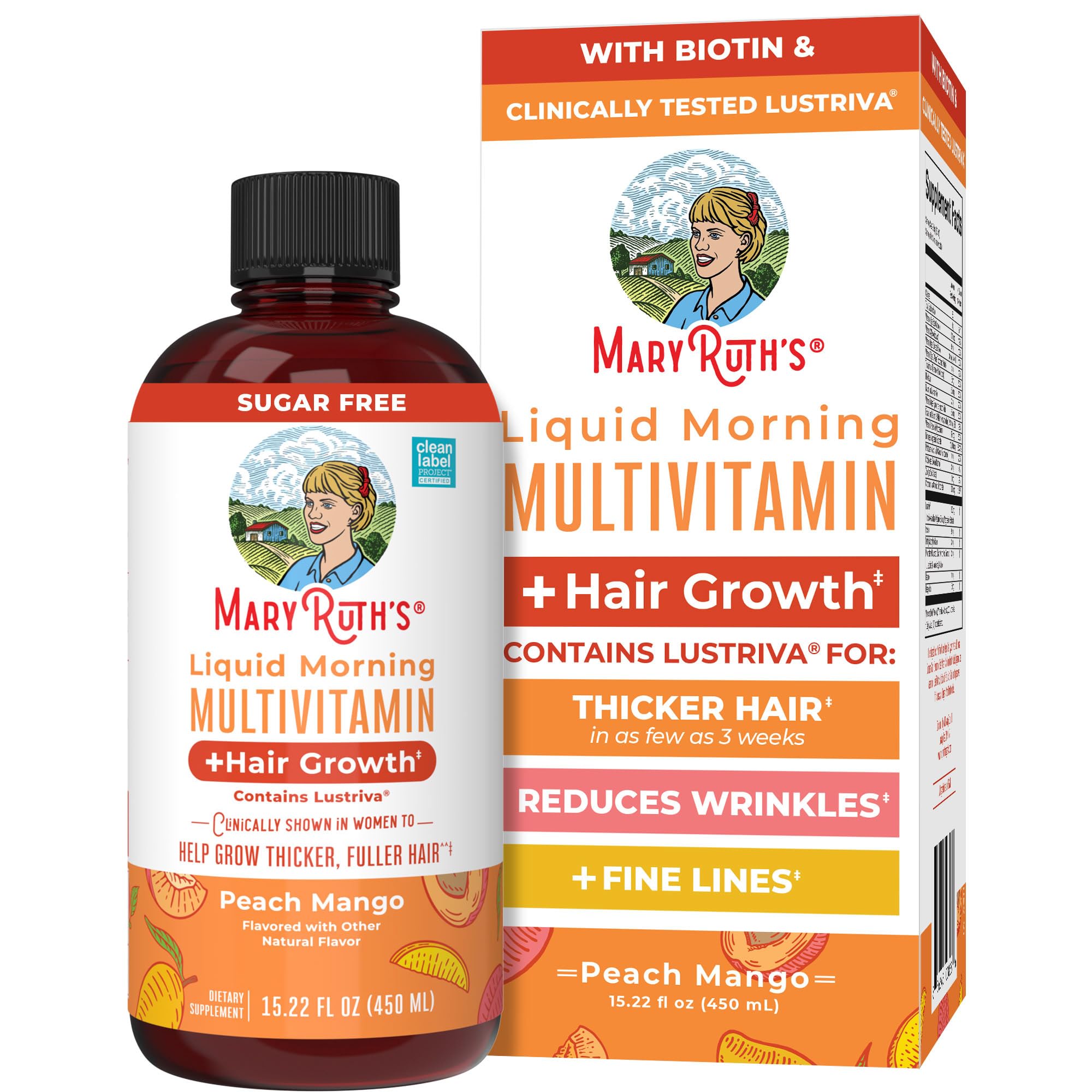MARYRUTH'S Liquid Multivitamin+Hair Growth | Biotin 10000mcg | Lustriva Hair Growth Supplement | Clinically Tested in Women for Thicker Hair&Facial Wrinkle | Skin Care | Ages 18+ | 15.22 Fl Oz