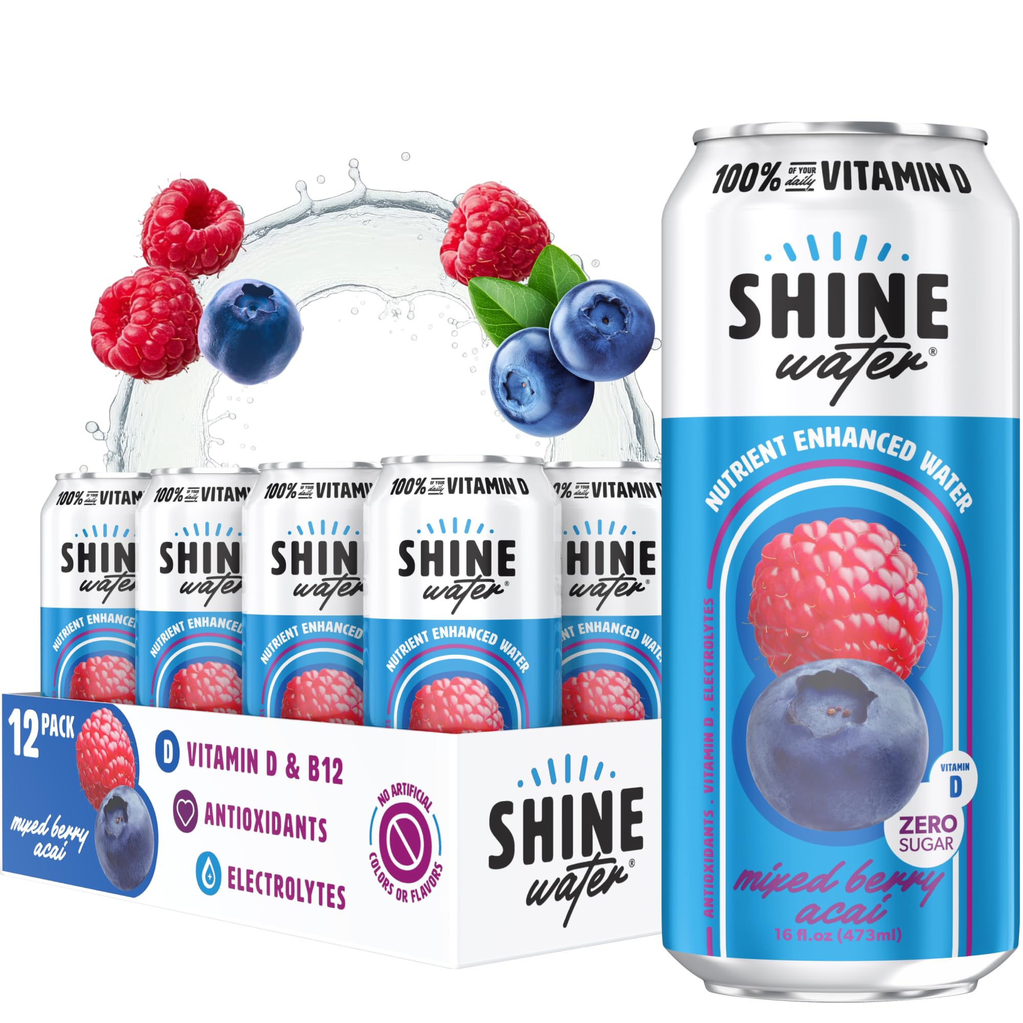 Shine Water Fruit Punch Vitamin D Electrolyte Drinks 12-Pack, Sugar Free Flavored Water with Magnesium, Zinc & Antioxidants, Low Calorie Hydration Beverage, Plant-Based Vitamin Water Zero Sugar