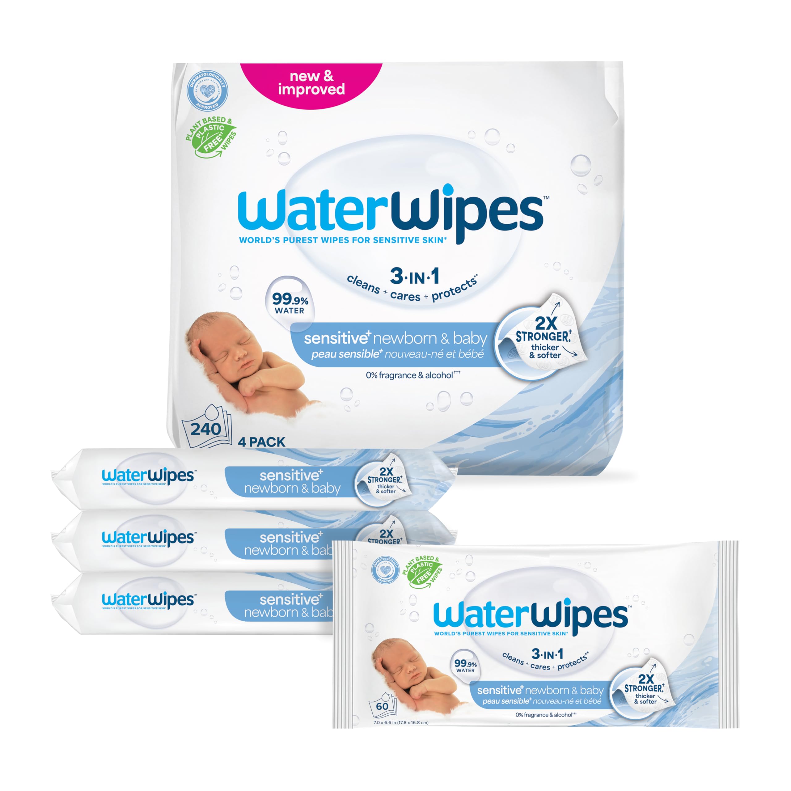 WaterWipes Sensitive+ Newborn & Baby Wipes, 3-In-1 Cleans, Cares, Protects, 99.9% Water, Unscented & Hypoallergenic, 540 Count (9 Packs)