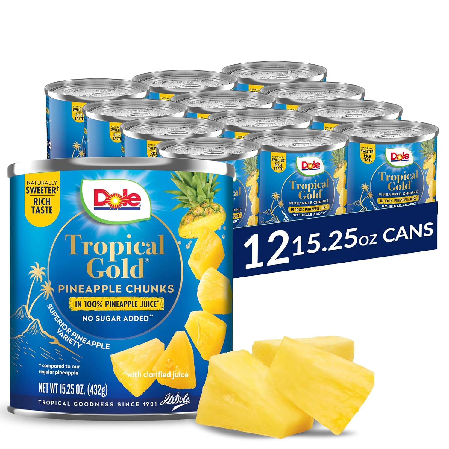 Dole Canned Fruit, Tropical Gold Pineapple Chunks in 100% Pineapple Juice, Gluten Free, Pantry Staples, No Sugar Added, 15.25 Oz, 12 Count