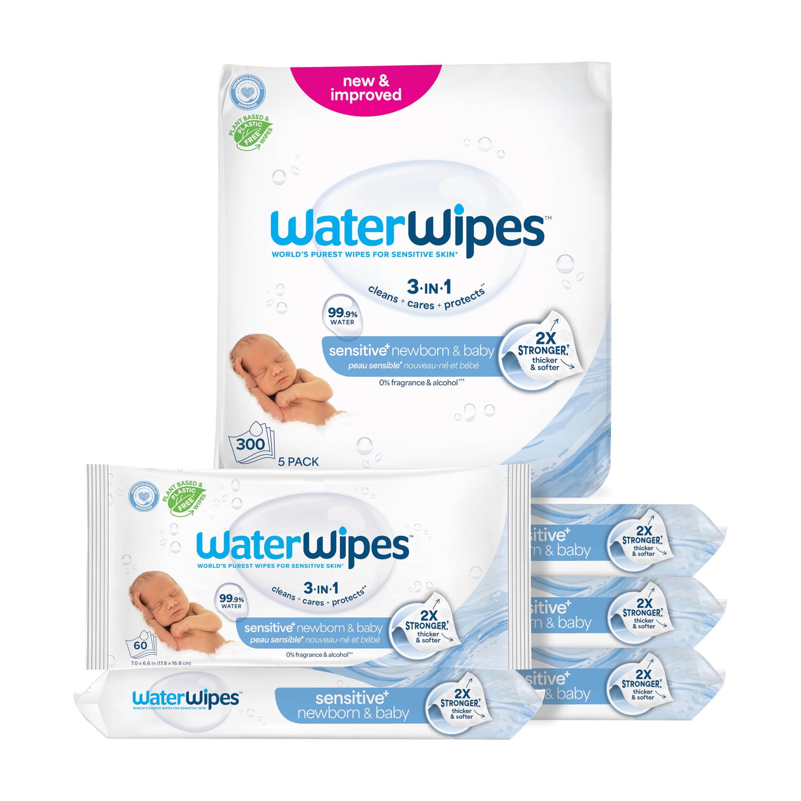 WaterWipes Sensitive+ Newborn & Baby Wipes, 3-In-1 Cleans, Cares, Protects, 99.9% Water, Unscented & Hypoallergenic, 540 Count (9 Packs)