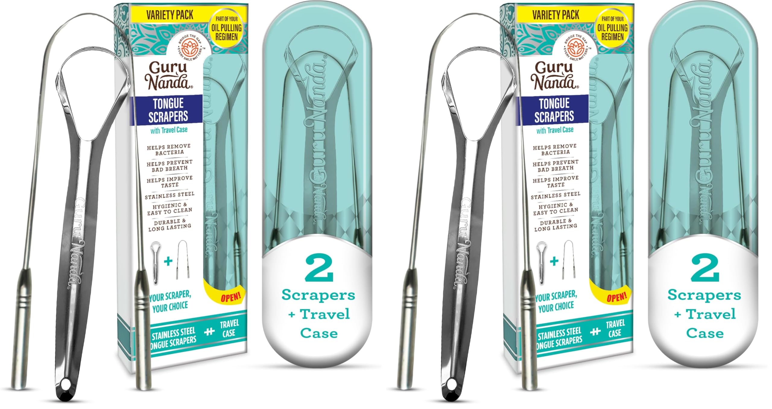 GuruNanda Tongue Scraper for Adults (2 Pack) with Travel Case, 420 Medical-Grade 100% Stainless Steel Tongue Cleaner, Aids in Fresh Breath & Oral Care