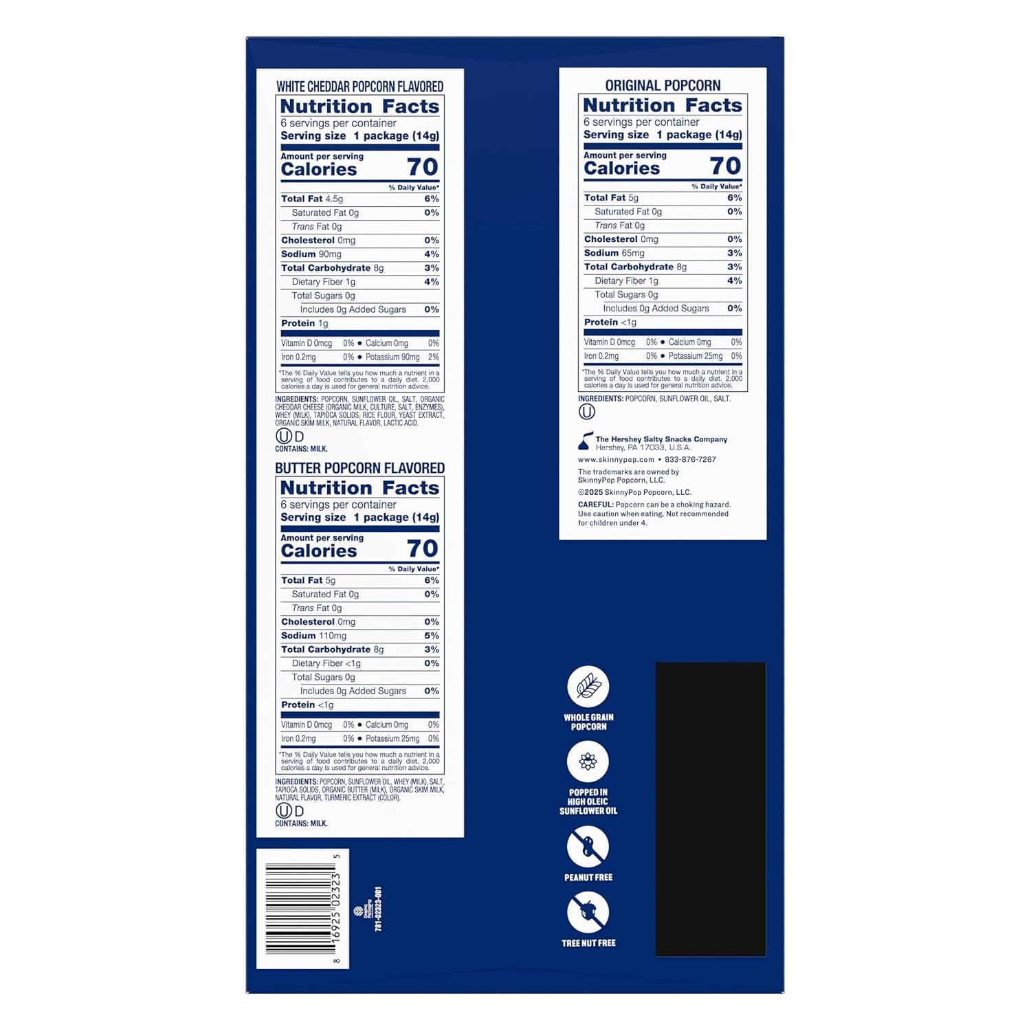 SkinnyPop Original,White Cheddar and Butter Flavored Popcorn, Whole Grain Gluten-Free Snacks, 0.65 oz Bags Variety Box (18 Count)