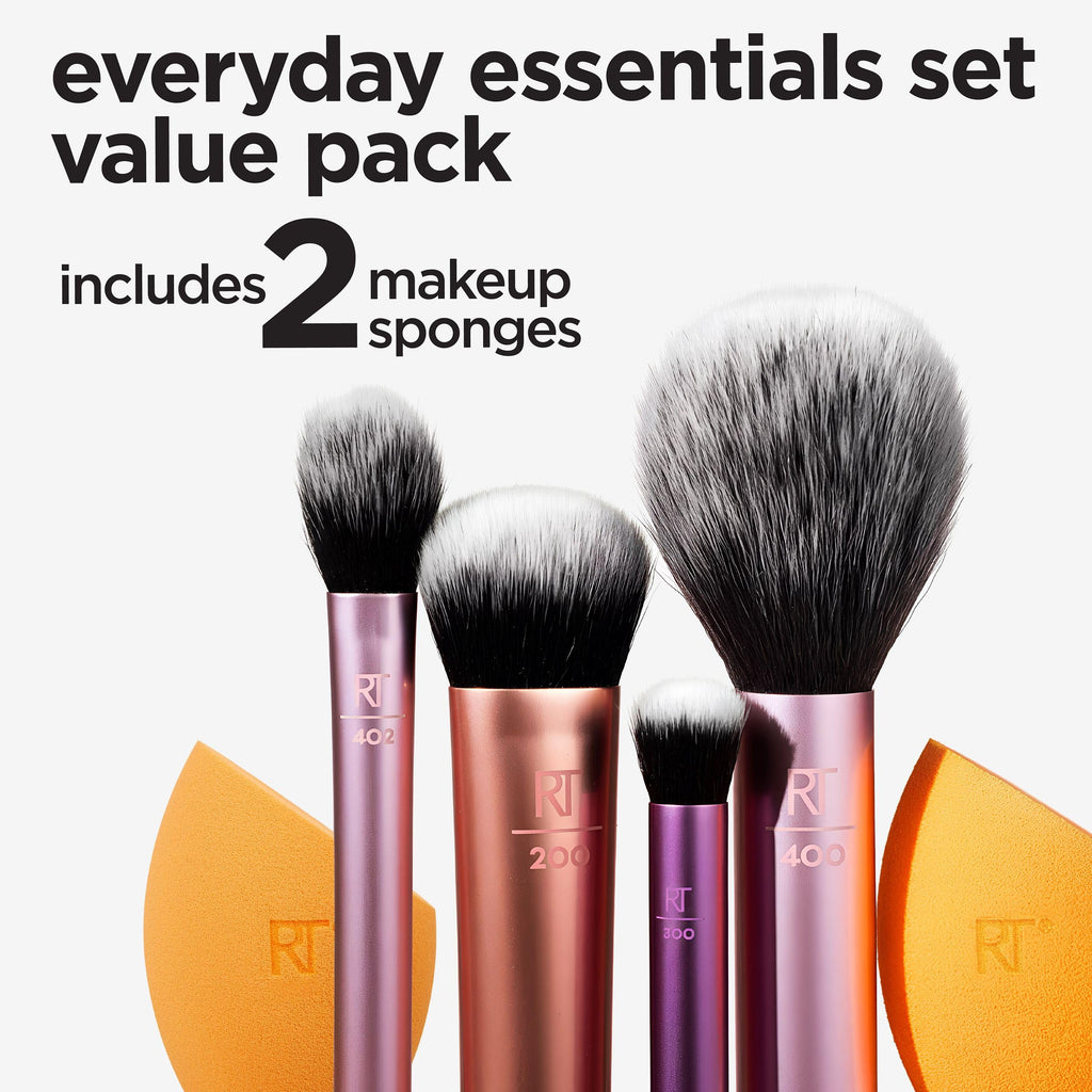 Real Techniques 6 Piece Everyday Essentials Makeup Brush Set, Includes 4 Brushes & 2 Makeup Sponges, For Foundation, Blush, Bronzer, Contour, Eyeshadow, & Powder, Travel Gift Set, Cruelty-Free & Vegan