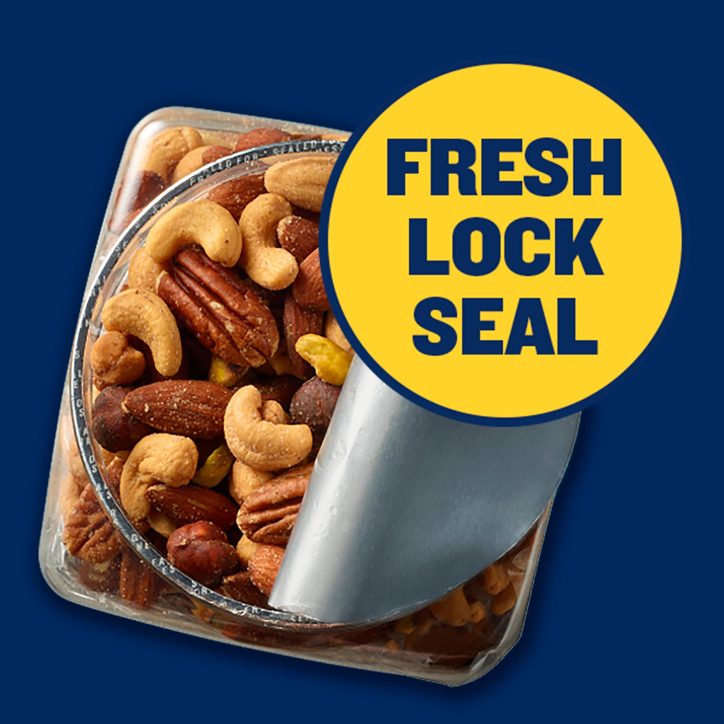 PLANTERS Deluxe Salted Mixed Nuts, Roasted Cashews, Almonds, Pecans, Pistachios, and Hazelnuts, Party Snacks, Plant-Based Protein, Quick Snack for Adults, After School Snack, 34oz Container