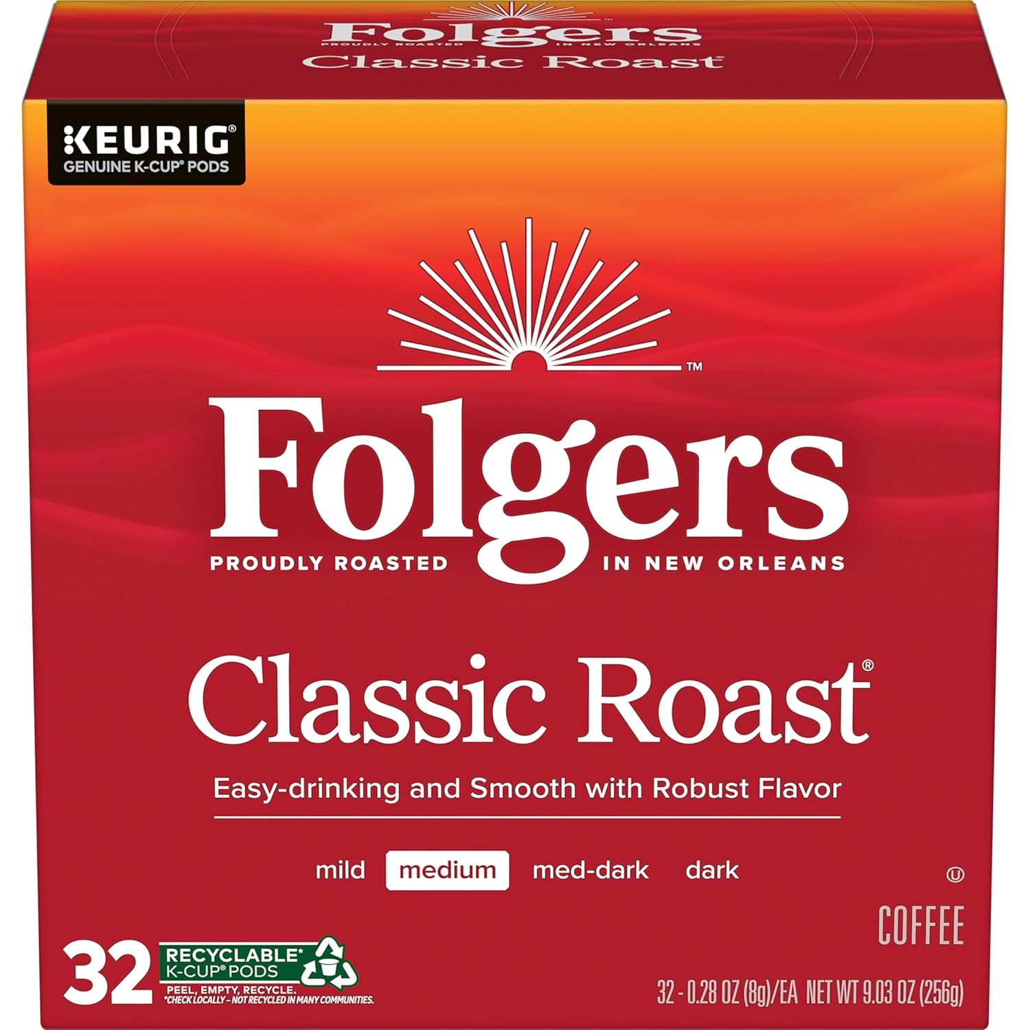 Folgers Classic Roast Medium Roast Coffee, 128 Keurig K-Cup Pods