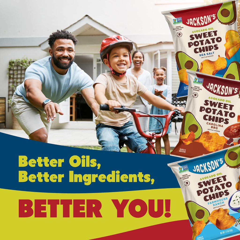 Jackson’s Sweet Potato Kettle Chips Avocado Oil Variety Pack made with Premium Oils (1.5 oz, Pack of 10) Sea Salt, Ranch and BBQ Flavors - Allergen-friendly, Gluten Free, Vegan