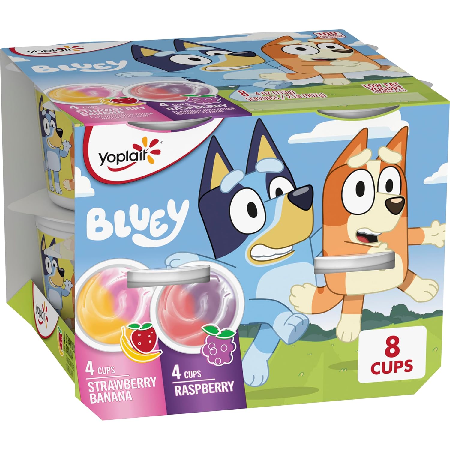 Yoplait Low Fat Kids Yogurt Cups, Bluey Variety Pack, Strawberry Banana and Raspberry, Gluten Free Snacks, 8 Ct, 32 oz