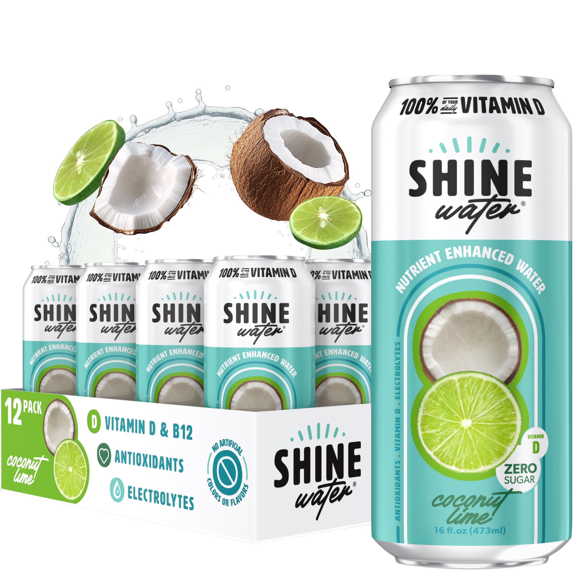 Shine Water Fruit Punch Vitamin D Electrolyte Drinks 12-Pack, Sugar Free Flavored Water with Magnesium, Zinc & Antioxidants, Low Calorie Hydration Beverage, Plant-Based Vitamin Water Zero Sugar