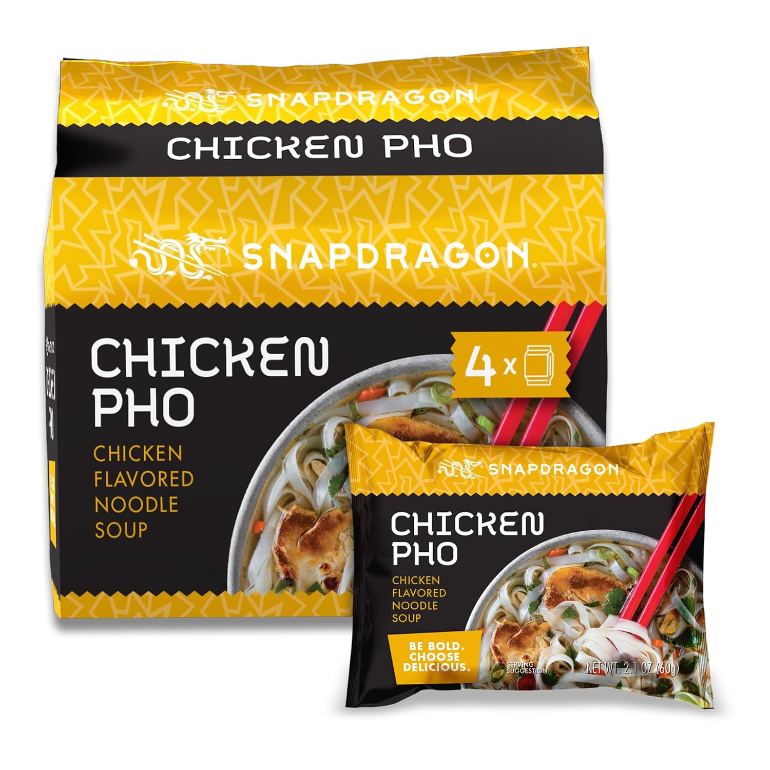 Snapdragon Chicken Pho Instant Noodle Bowl Six Pack, Rich Chicken Flavored Broth with Rice Noodles, Gluten Free, No Artificial Flavors, 6 2.1oz Bowls