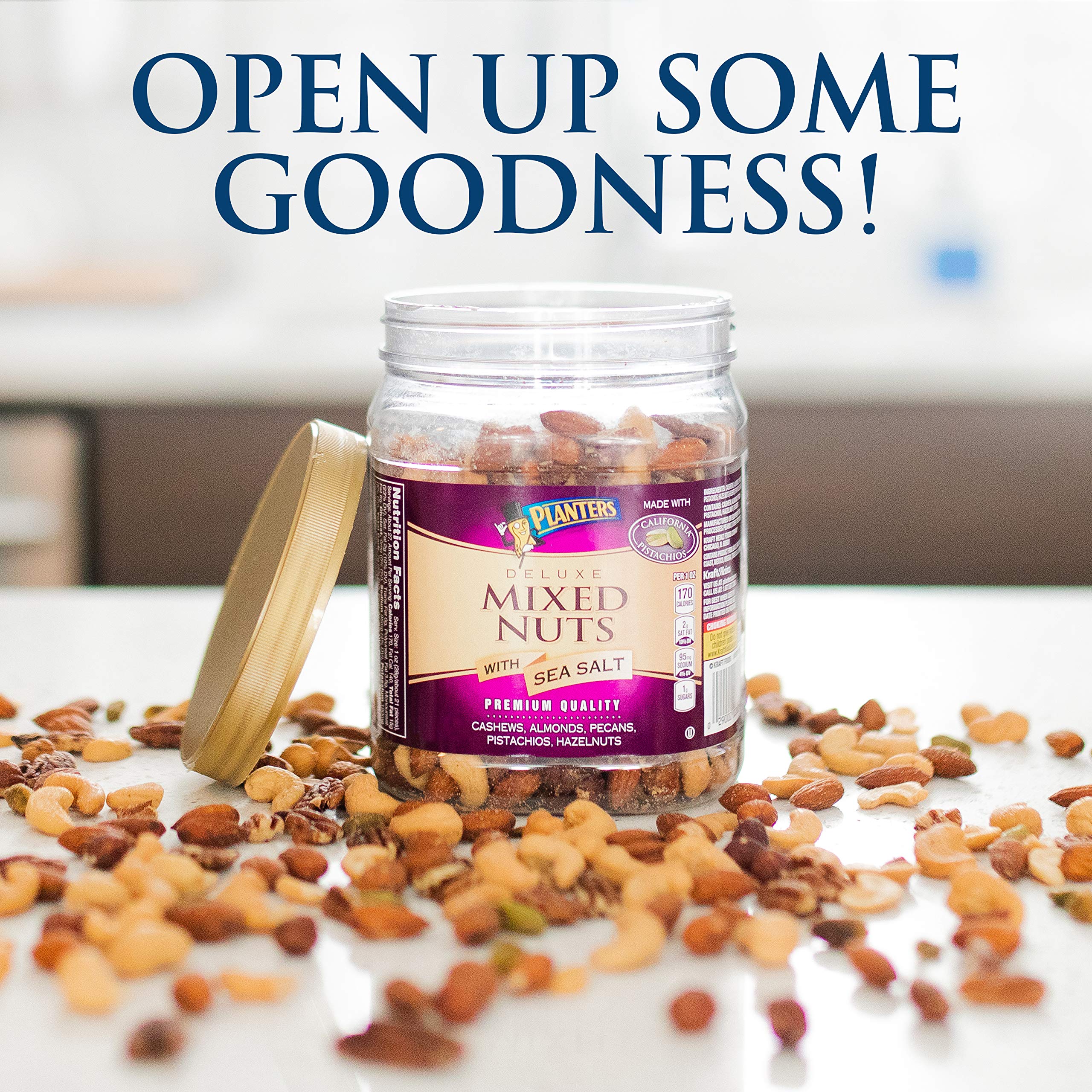 PLANTERS Deluxe Salted Mixed Nuts, Roasted Cashews, Almonds, Pecans, Pistachios, and Hazelnuts, Party Snacks, Plant-Based Protein, Quick Snack for Adults, After School Snack, 34oz Container