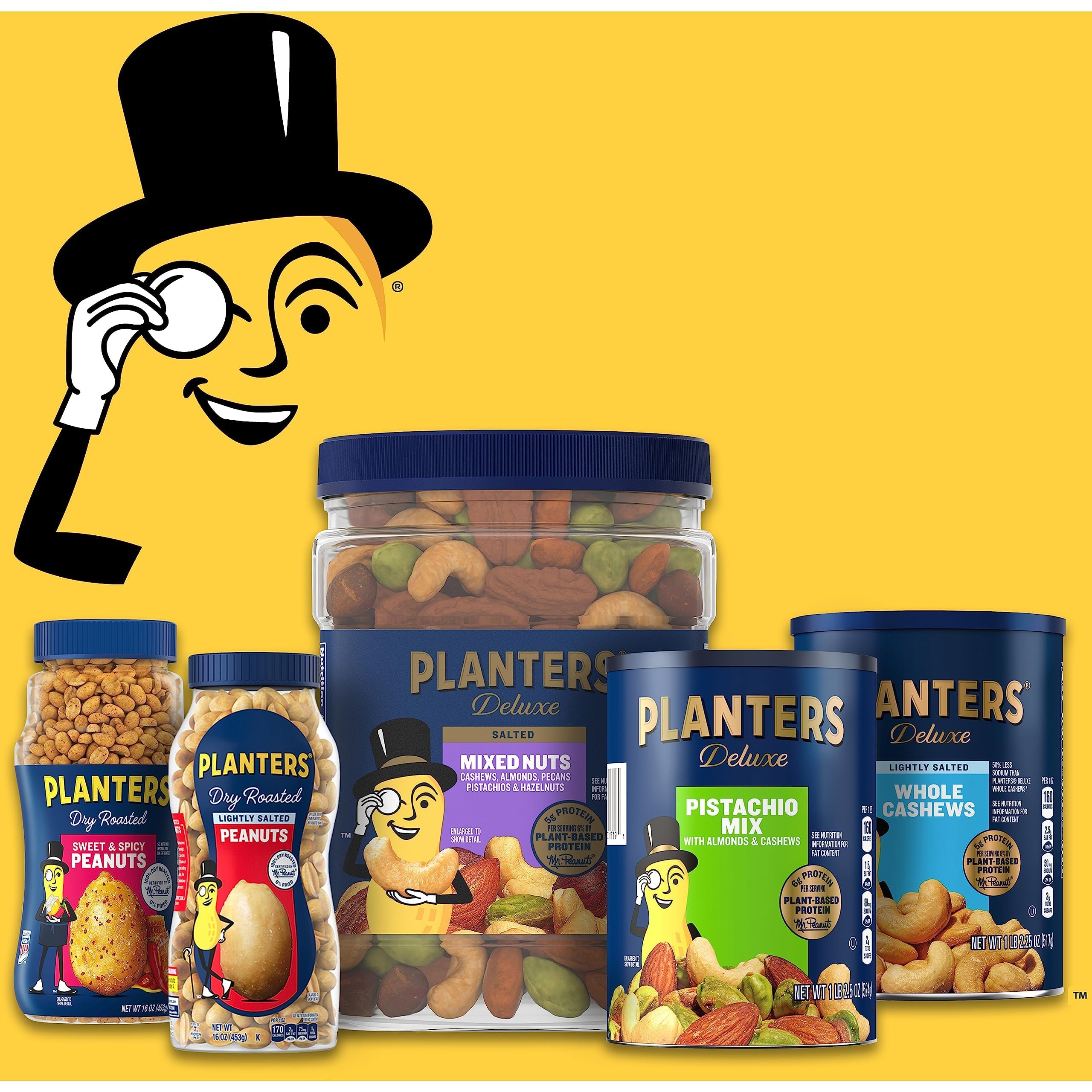 PLANTERS Deluxe Salted Mixed Nuts, Roasted Cashews, Almonds, Pecans, Pistachios, and Hazelnuts, Party Snacks, Plant-Based Protein, Quick Snack for Adults, After School Snack, 34oz Container