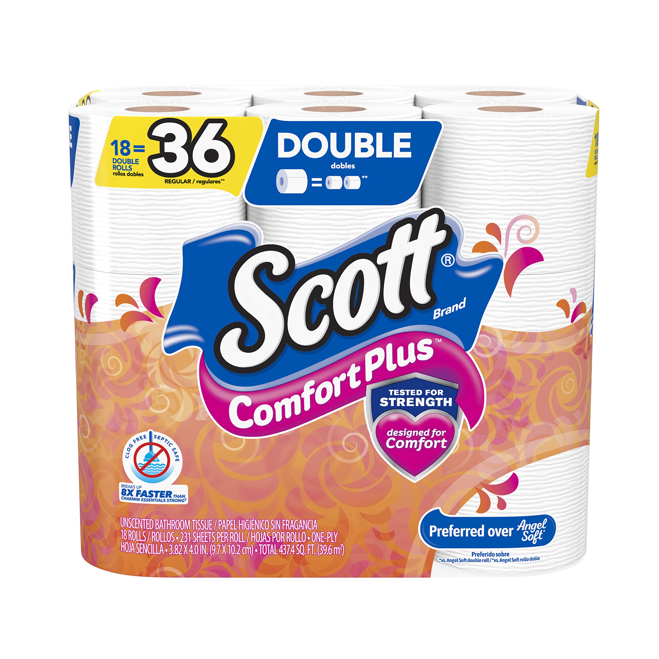 Scott ComfortPlus Toilet Paper, 12 Double Rolls, 231 Sheets per Roll, Septic-Safe, 1-Ply Toilet Tissue
