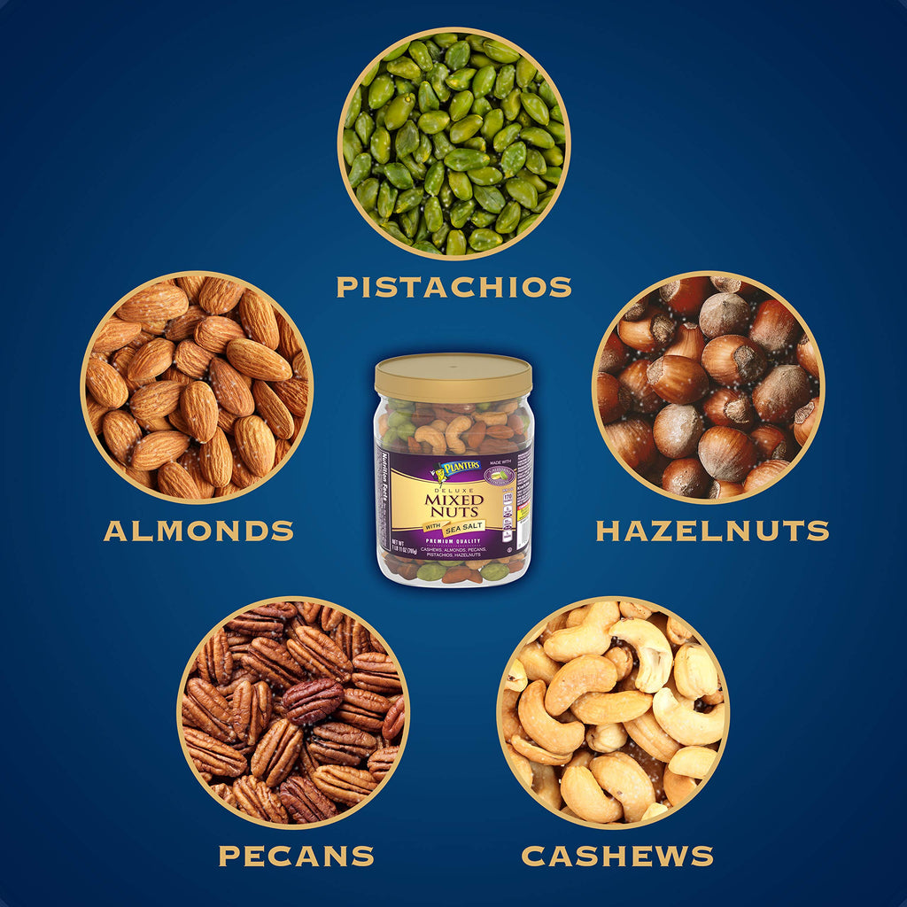 PLANTERS Deluxe Salted Mixed Nuts, Roasted Cashews, Almonds, Pecans, Pistachios, and Hazelnuts, Party Snacks, Plant-Based Protein, Quick Snack for Adults, After School Snack, 34oz Container