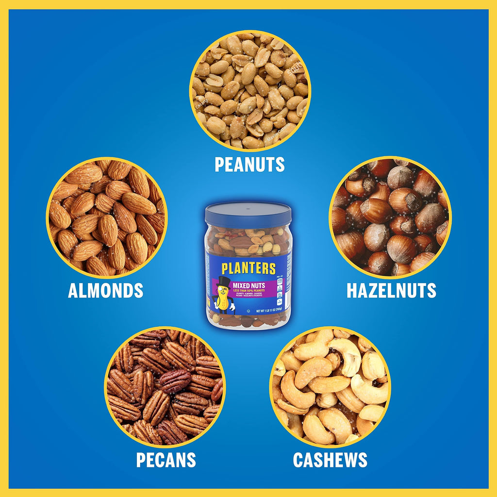 PLANTERS Deluxe Salted Mixed Nuts, Roasted Cashews, Almonds, Pecans, Pistachios, and Hazelnuts, Party Snacks, Plant-Based Protein, Quick Snack for Adults, After School Snack, 34oz Container