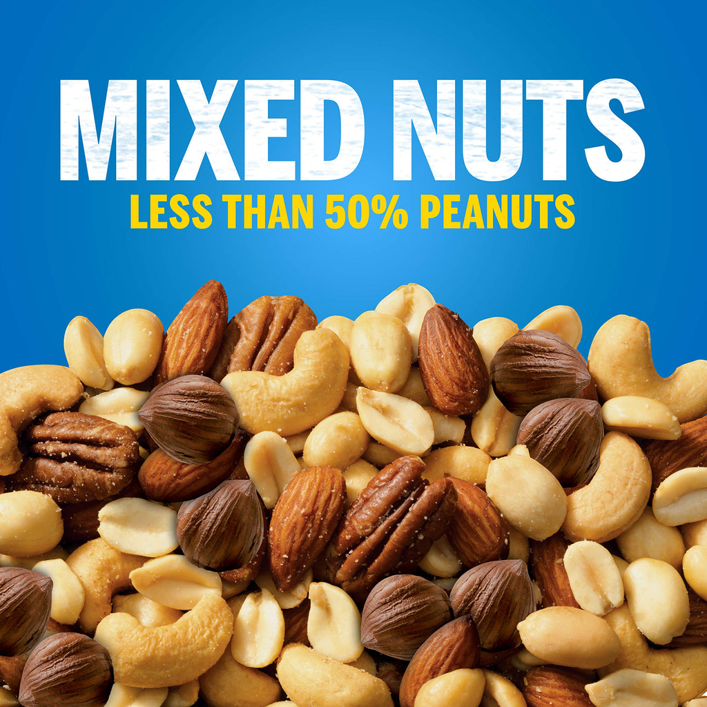 PLANTERS Deluxe Salted Mixed Nuts, Roasted Cashews, Almonds, Pecans, Pistachios, and Hazelnuts, Party Snacks, Plant-Based Protein, Quick Snack for Adults, After School Snack, 34oz Container