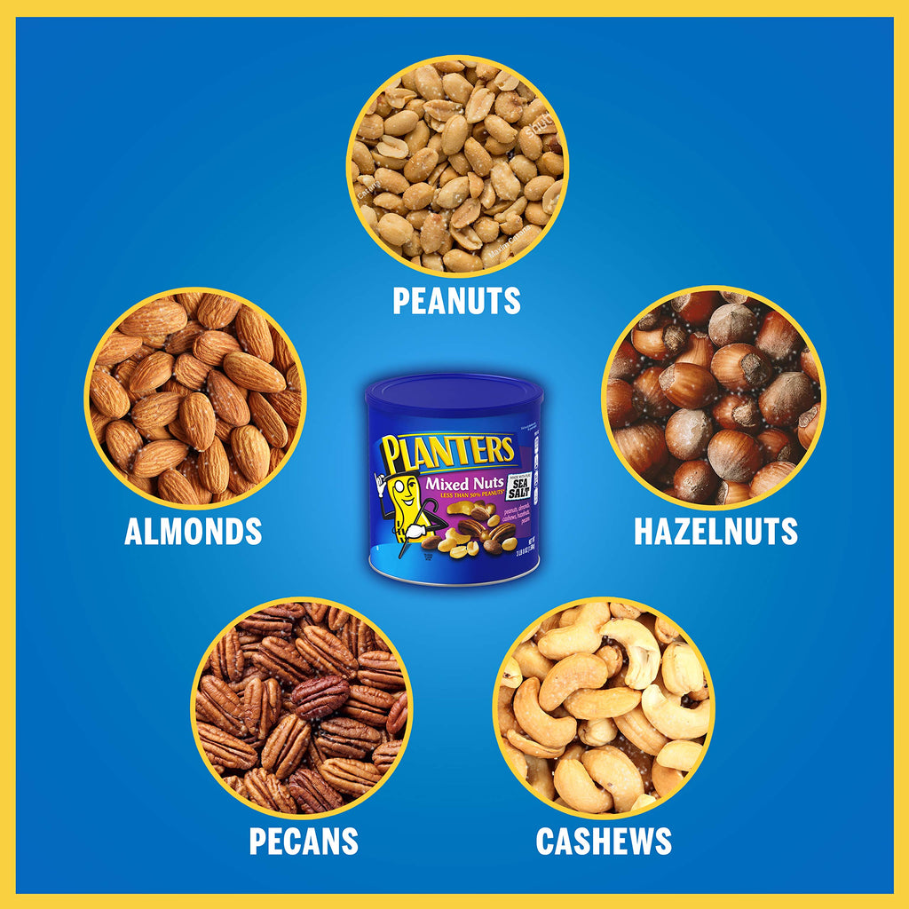 PLANTERS Deluxe Salted Mixed Nuts, Roasted Cashews, Almonds, Pecans, Pistachios, and Hazelnuts, Party Snacks, Plant-Based Protein, Quick Snack for Adults, After School Snack, 34oz Container